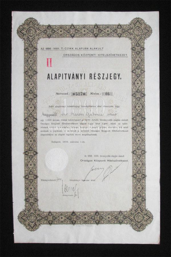 Orszgos Kzponti Hitelszvetkezet rszjegy 1000 korona 1899